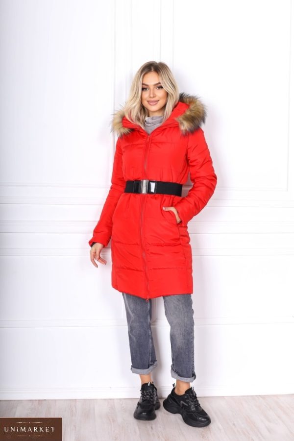 Купити зимову жіночу куртку з поясом і капюшон з хутром кролика (розмір 42-48) в інтернеті червоного кольору