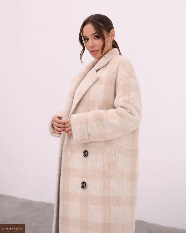 Купить в интернете бежевое зимнее пальто для женщин в клетку с поясом