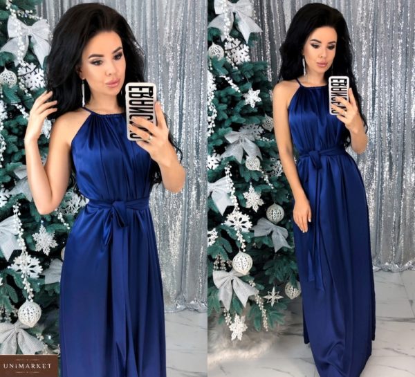 Купити синього кольору шовкове плаття в підлогу онлайн з поясом (розмір 42-48) для жінок