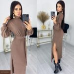 Купить мокко теплое женское платье из ангоры с разрезами (размер 42-52) онлайн