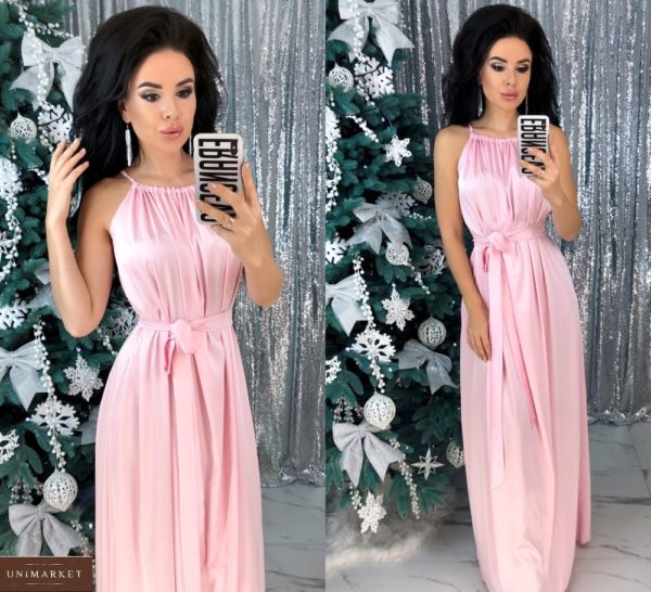 Купить розовое женское шелковое платье в пол с поясом (размер 42-48) по скидке