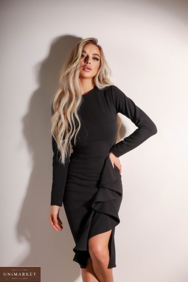 Купити вигідно чорне плаття з довгим рукавом з рюшів (розмір 42-48) для жінок