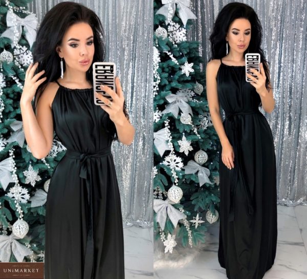 Замовити в інтернеті жіноче шовкове плаття в підлогу з поясом (розмір 42-48) чорного кольору