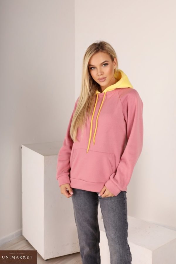 Заказать выгодно женское двухцветное худи из трехнитки с карманом кенгуру (размер 42-52) розовый/желтый