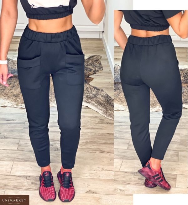 Приобрести онлайн спортивные штаны из трехнитки черные с карманами (размер 42-48) для женщин