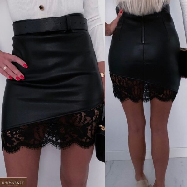 Заказать женскую юбку черного цвета из эко-кожи с гипюром (размер 42-48) дешево