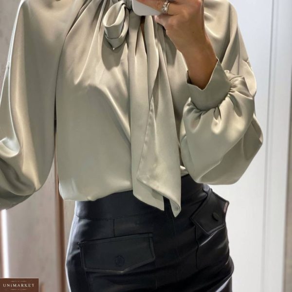 Заказать оливка женскую блузку из шелка с бантом в интернете