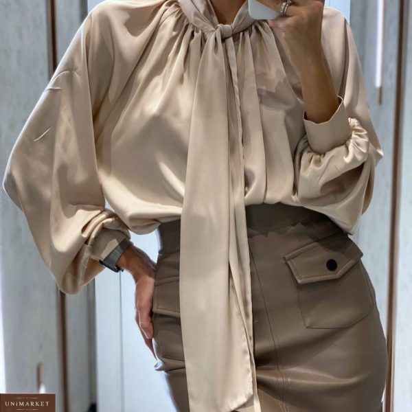 Приобрести дешево женскую блузку из шелка с бантом цвета мокко