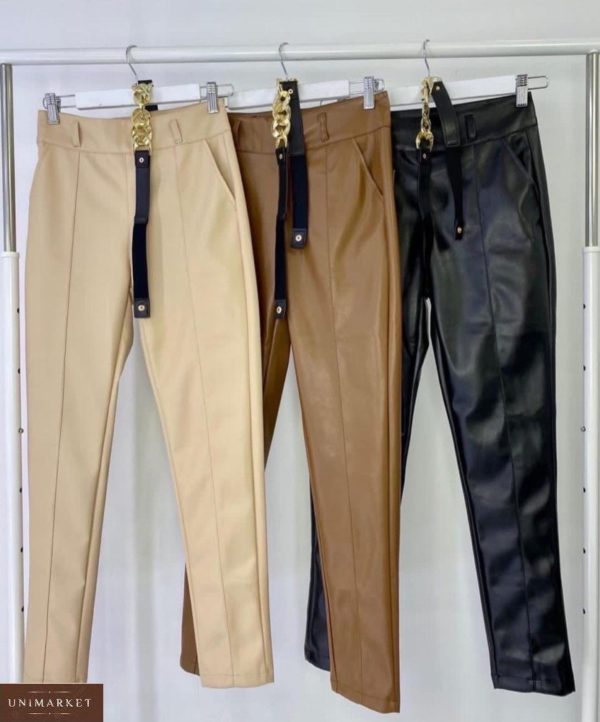 Замовити чорні, беж, коричневі штани з еко шкіри з кишенями жіночі (розмір 42-48) онлайн