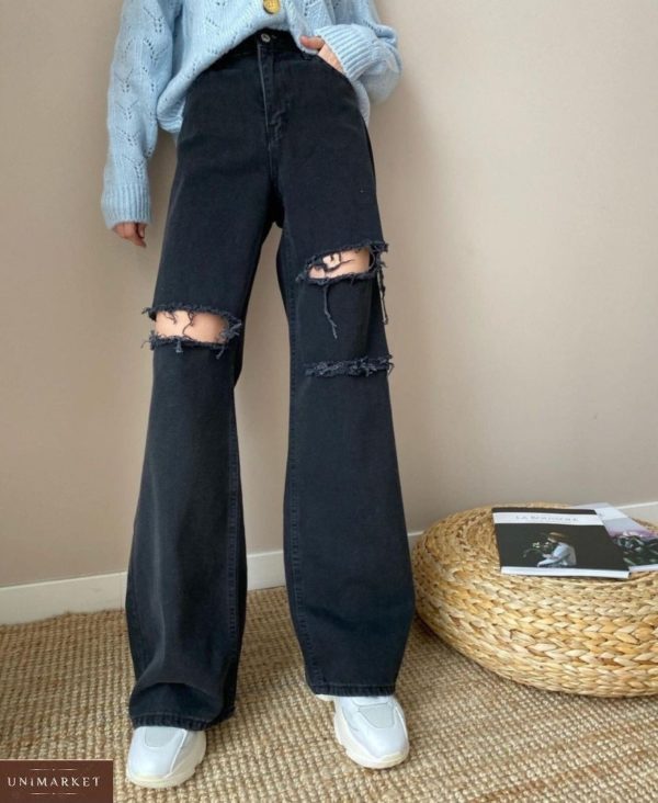 Заказать женские черные широкие джинсы с разрезами в интернете