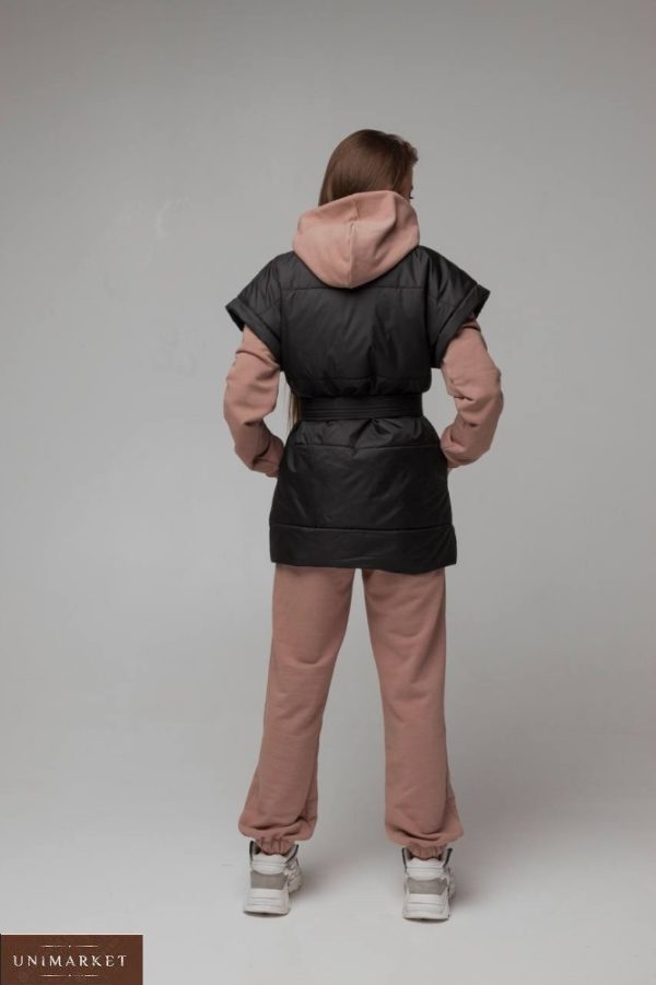 Придбати чорного кольору подовжену жилетку з плащової тканини з поясом для жінок (розмір 42-52) в Україні
