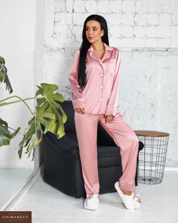 Купить по скидке женскую шелковую пижаму с длинным рукавом (размер 42-52) розового цвета
