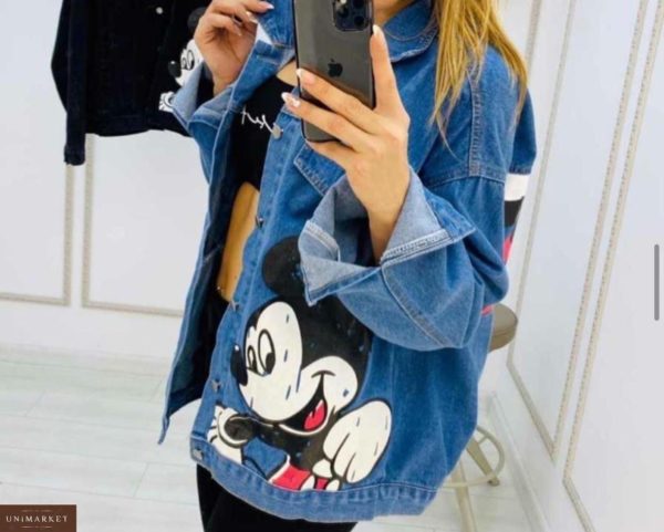 Заказать синего цвета женскую джинсовую куртку с принтом Микки Маус (размер 42-48) в Украине