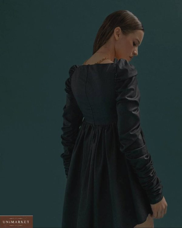 Замовити чорне плаття міні для жінок з драпіруванням і довгим рукавом в інтернеті