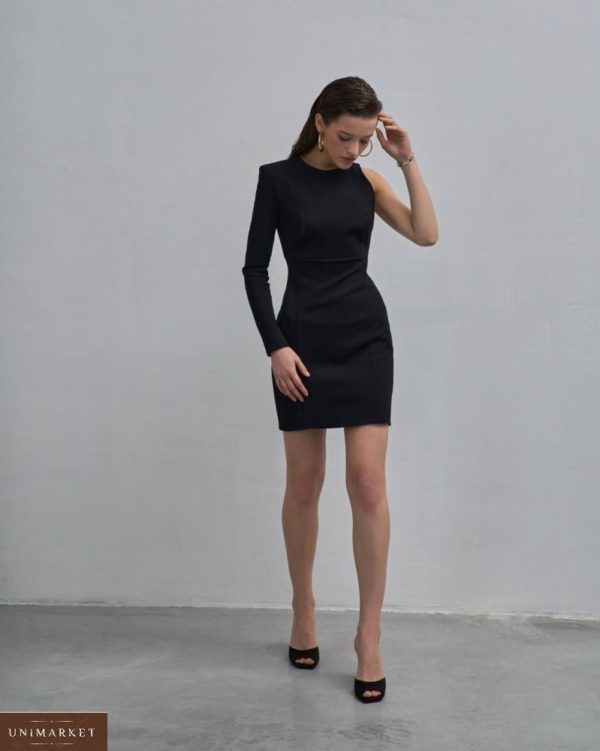 Заказать черное женское платье мини с одним рукавом на распродаже