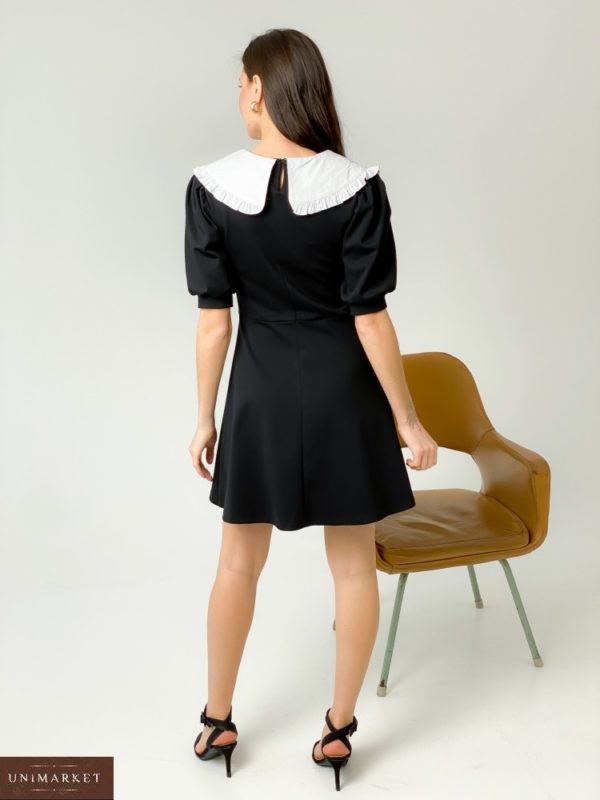Купити чорного кольору жіноче плаття з білим комірцем і рукавами-ліхтариками в Україні