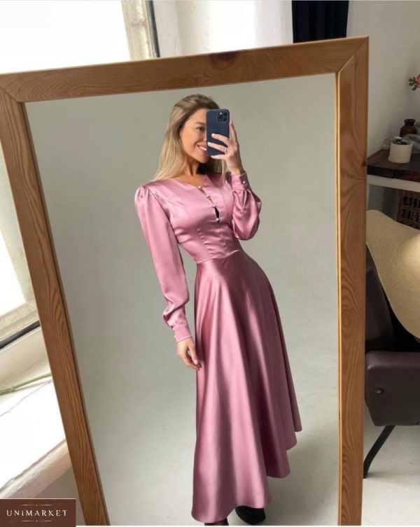 Купити кольору пудра жіноче шовкове плаття міді з перловими гудзиками в інтернеті