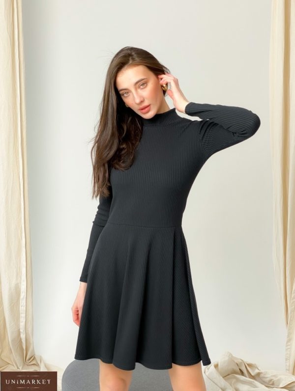 Купити недорого чорного кольору сукню-гольф з трикотажу рубчик "мустанг" жіночу