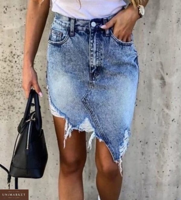 Заказать синюю женскую джинсовую асимметричную юбку с рваностями онлайн