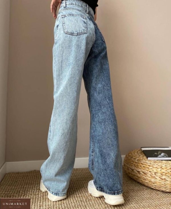 Купити дешево жіночі двоколірні джинси кльош синьо-блакитного кольору