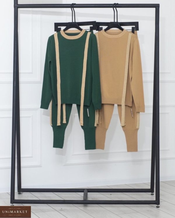 Заказать женский вязаный беж, зеленый костюм с имитацией подтяжек онлайн