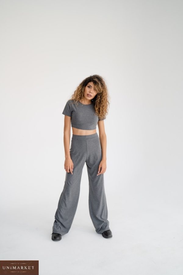 Замовити жіночий трикотажний костюм з топом і широкими штанами (розмір 42-48) сірий онлайн