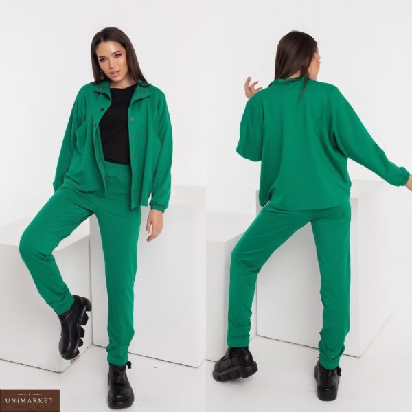 Купить на распродаже женский спортивный костюм с кофтой на заклепках и джоггерами (размер 42-48) зеленый