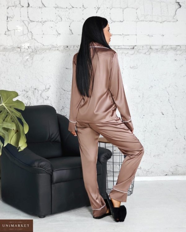 Приобрести бежевую шелковую пижаму с длинным рукавом (размер 42-52) для женщин недорого