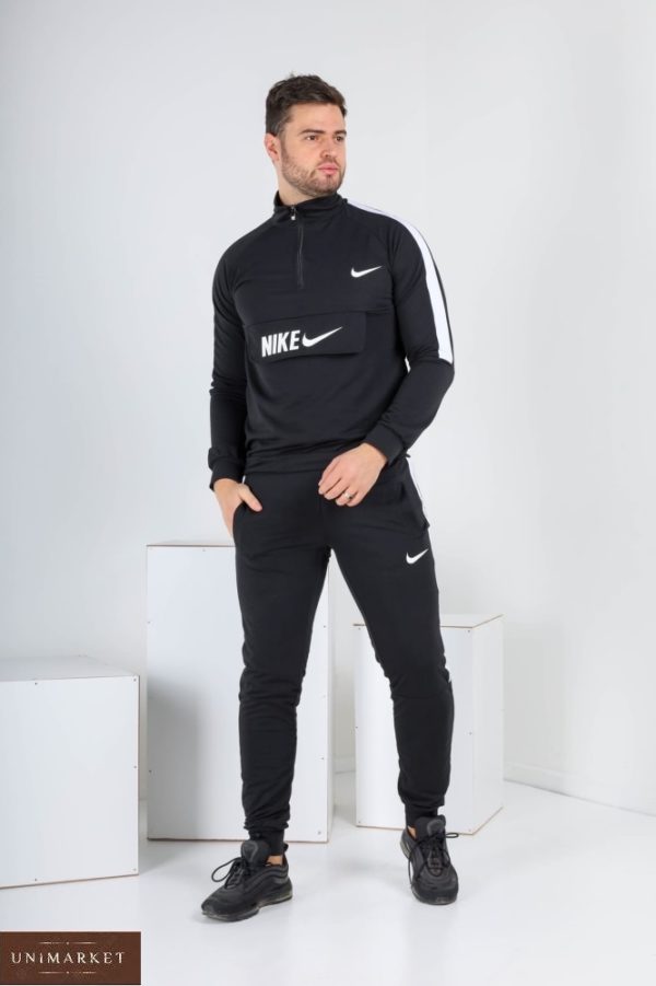 Купити чорний чоловічий спортивний костюм Nike з поло на змійці (розмір 46-52) в інтернеті