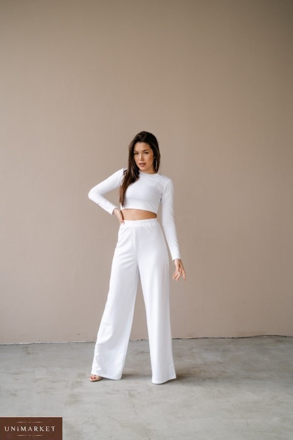 Купить белый по скидке костюм: штаны оверсайз+топ с длинным рукавом (размер 42-48) для женщин