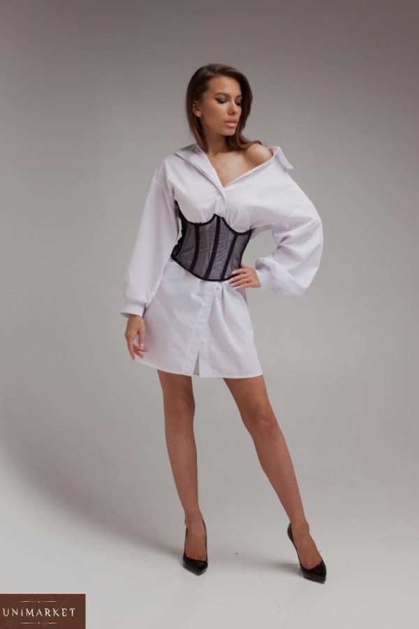 Замовити білого кольору жіноче плаття-сорочка з об'ємними рукавами (розмір 40-48) в інтернеті