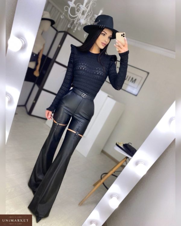 Придбати онлайн жіночі штани кльош з еко шкіри чорні з застібками вигідно