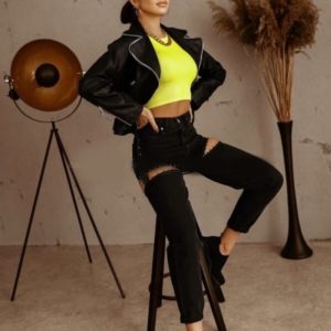 Купить современные женские джинсы с заклёпками и разрезами черного цвета в Украине