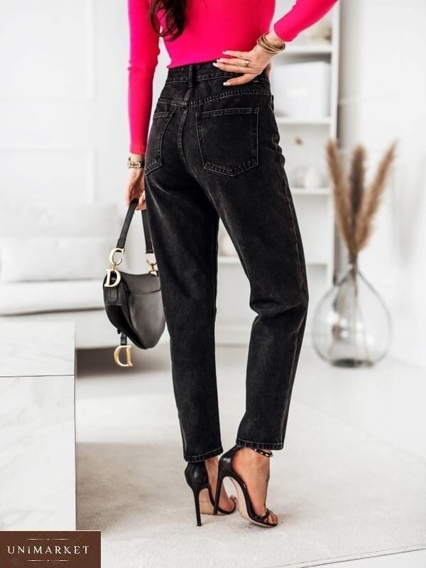 Приобрести модные женские джинсы мом с необычной застежкой черного цвета по низким ценам