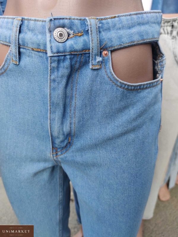 Приобрести джинсы Мом голубые с вырезами в карманах для женщин в Украине по скидке