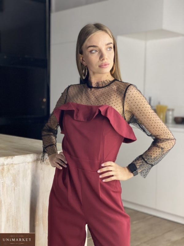 Заказать в интернете женский брючный комбинезон с рюшами и сеткой цвета бордо онлайн