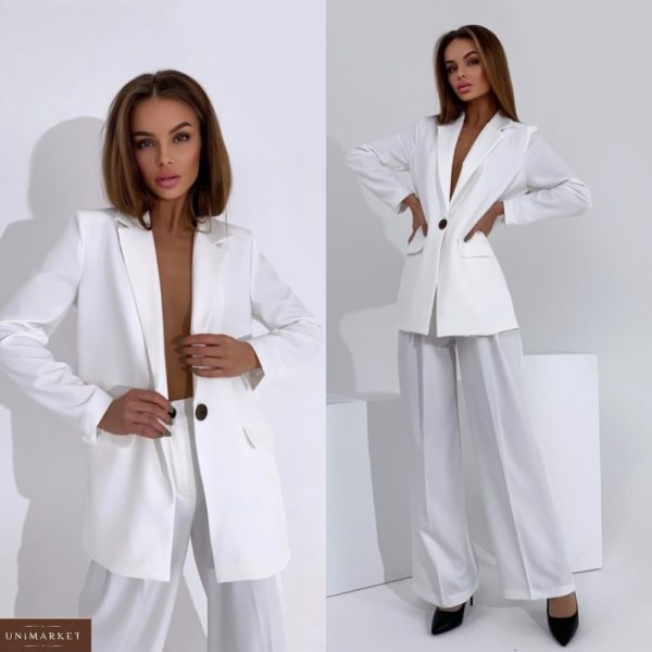 Купить белого цвета базовый брючный костюм для женщин оверсайз с пиджаком онлайн