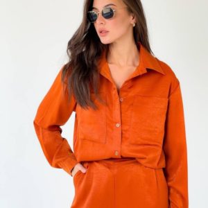 Замовити оранж шовковий жіночий брючний костюм з сорочкою (розмір 42-48) недорого