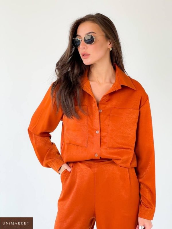 Заказать оранж шелковый женский брючный костюм с рубашкой (размер 42-48) недорого
