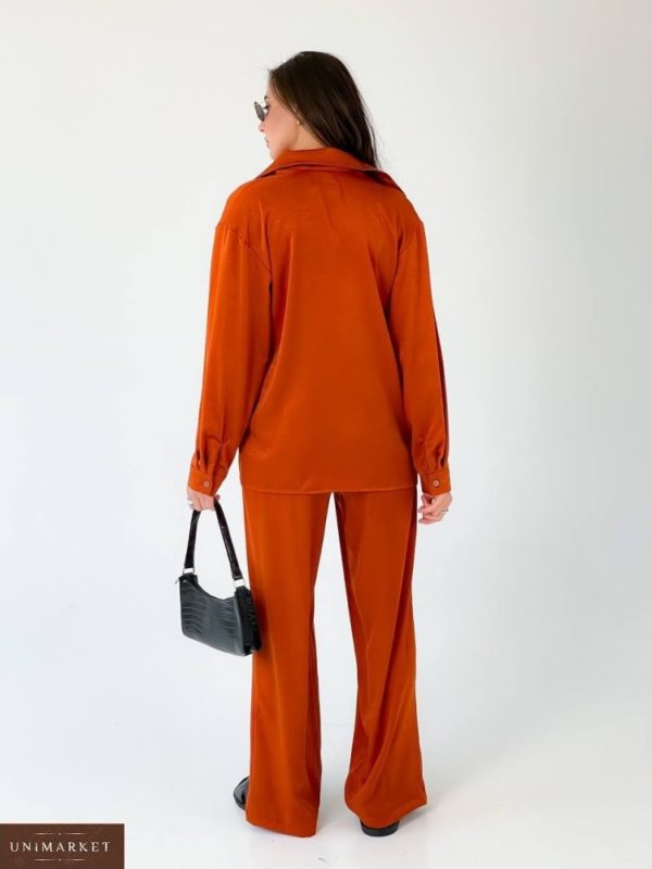 Купить недорого шелковый женский брючный костюм с рубашкой (размер 42-48) оранжевый