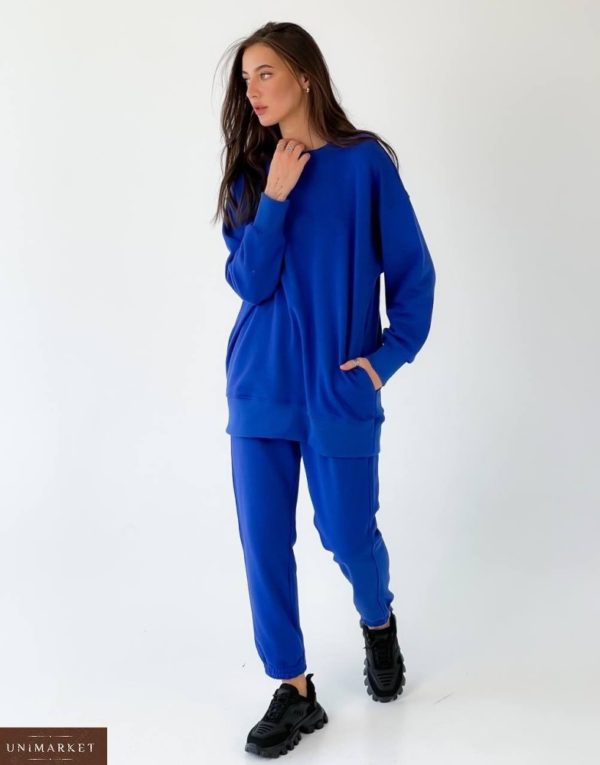 Замовити синього кольору модний спортивний костюм вільного крою однотонний для жінок (розмір 42-50) в Україні онлайн
