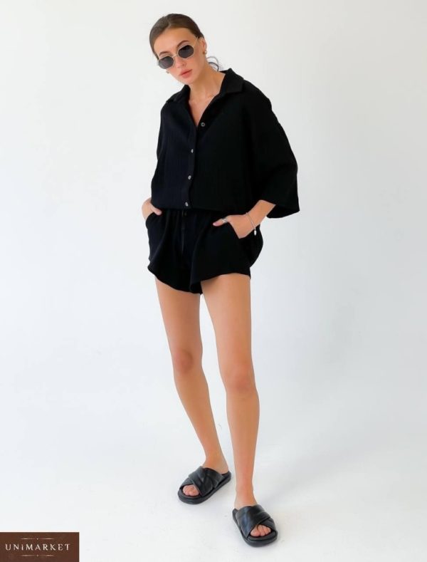Замовити чорний жіночий літній костюм з шортами з жатки (розмір 42-48) в Україні