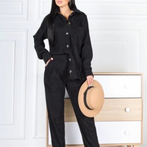 Заказать черный женский вельветовый костюм тройка: штаны, рубашка, топ (размер 42-48) в Украине
