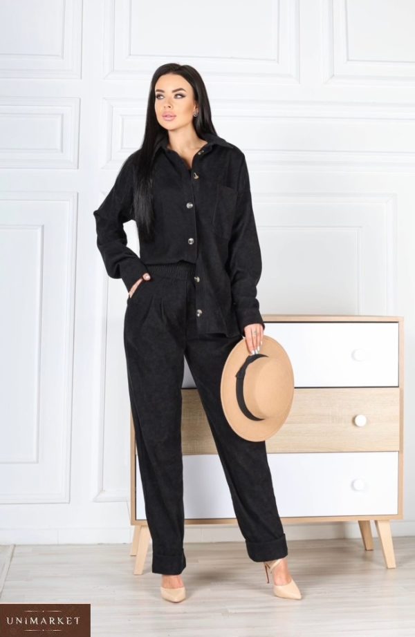 Заказать черный женский вельветовый костюм тройка: штаны, рубашка, топ (размер 42-48) в Украине