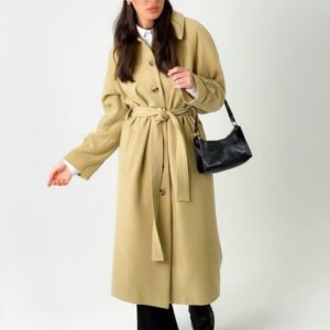 Заказать бежевое пальто для женщин миди на пуговицах с поясом (размер 42-48) на весну онлайн
