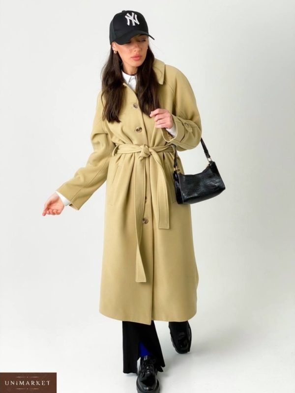 Заказать бежевое пальто для женщин миди на пуговицах с поясом (размер 42-48) на весну онлайн