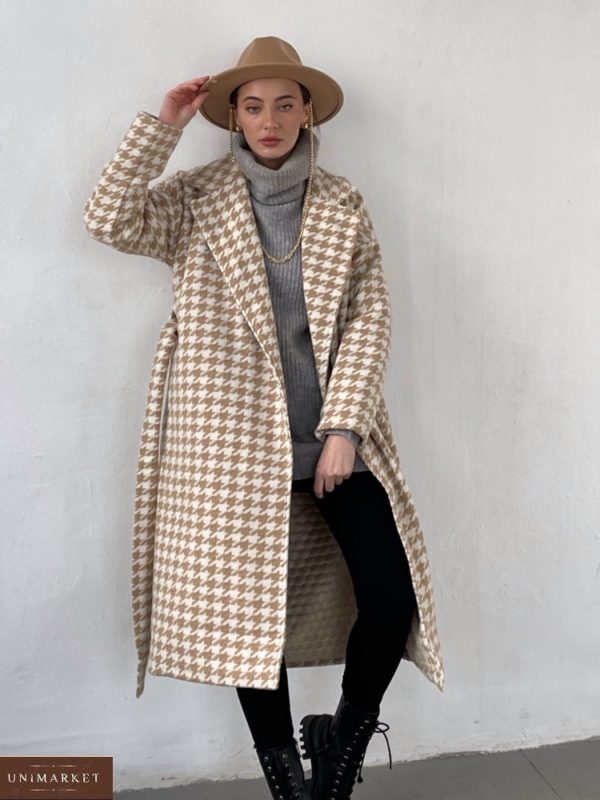 Купить для женщин шерстяное утепленное пальто дешево с принтом гусиная лапка (размер 42-52) бежевого цвета