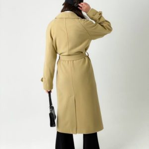 Купить стильное на весну пальто миди на пуговицах бежевое с поясом (размер 42-48) для женщин онлайн