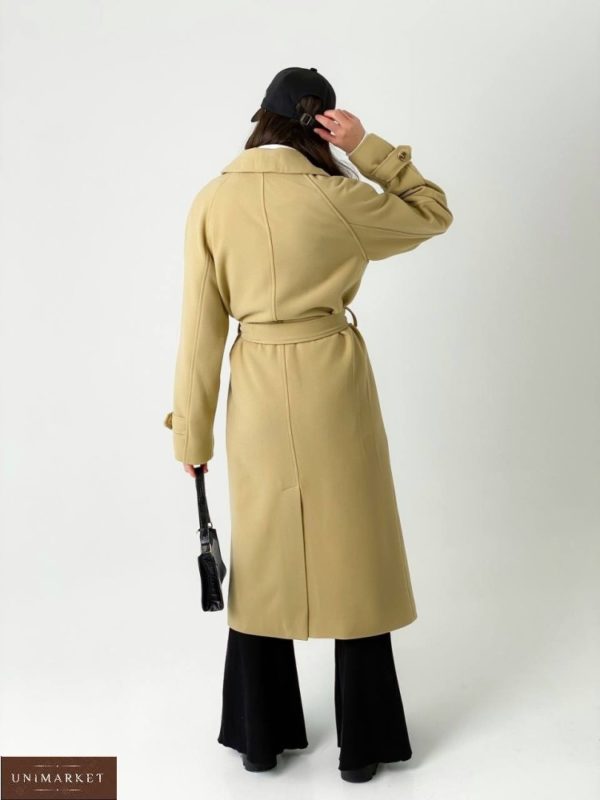 Купить стильное на весну пальто миди на пуговицах бежевое с поясом (размер 42-48) для женщин онлайн