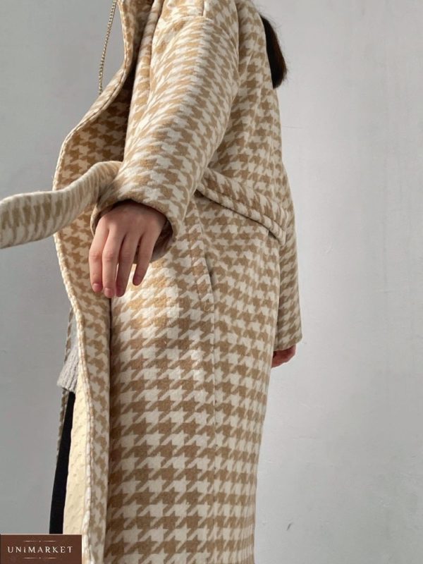 Приобрести по низким ценам шерстяное утепленное пальто бежевое с принтом гусиная лапка (размер 42-52) в интернете для женщин